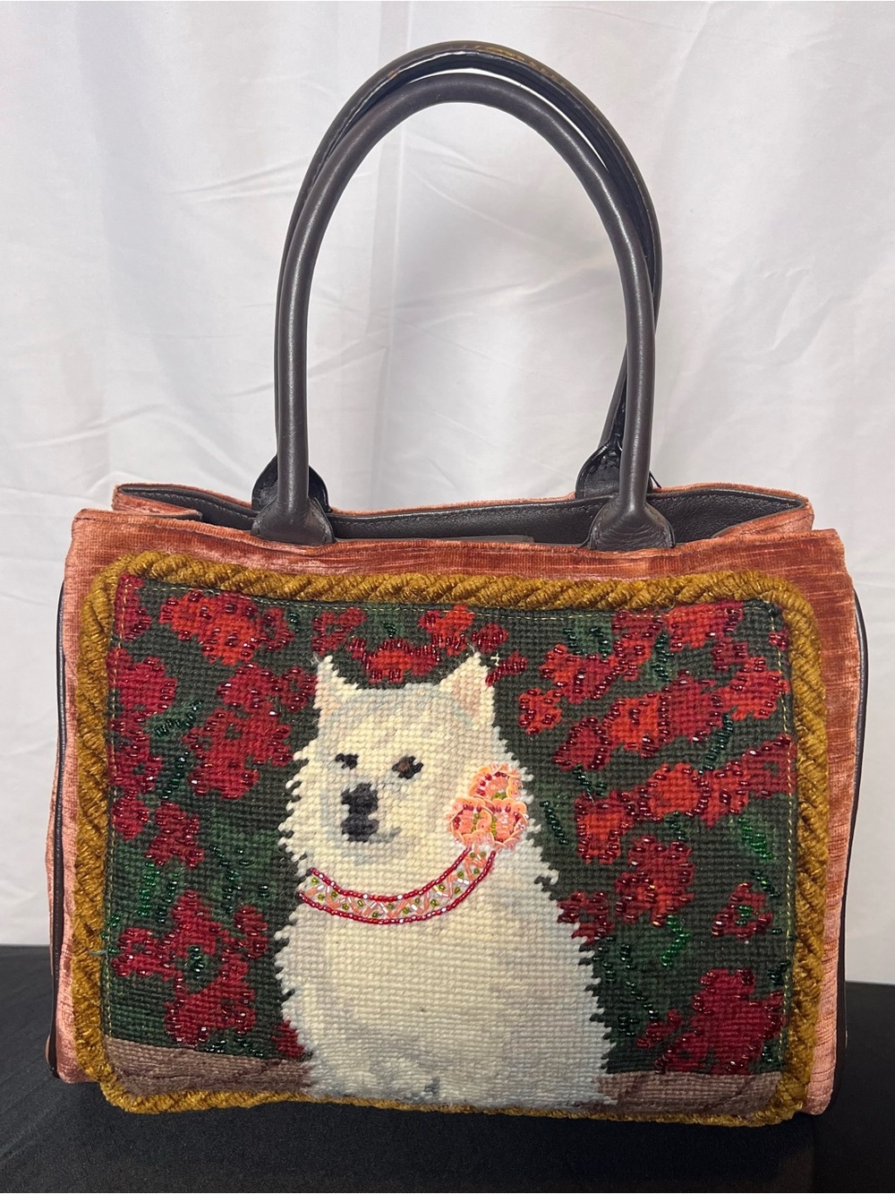 VTG Cynthia Hart Dog Needlepoint Velvet Beaded Tote Bag